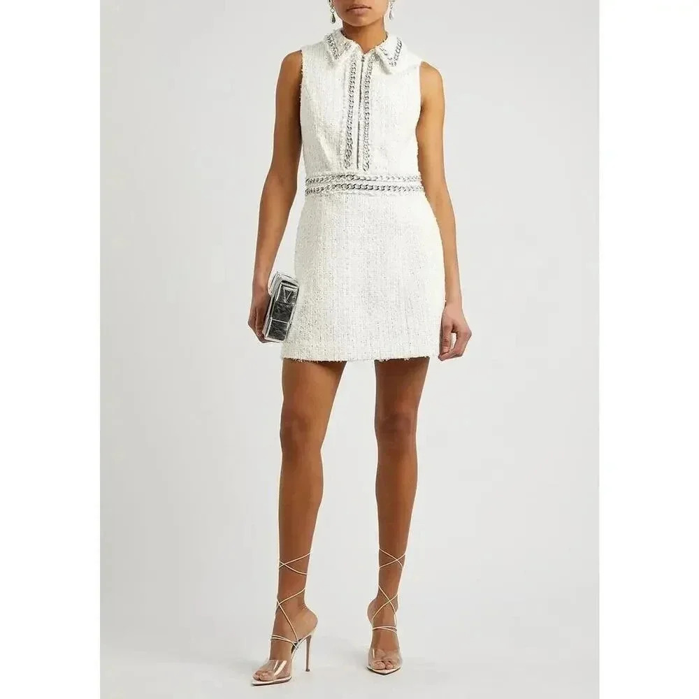 Alice + Olivia Womens White Ellis Chain Trim Tweed Collared Mini Dress S… - Picture 7 of 16